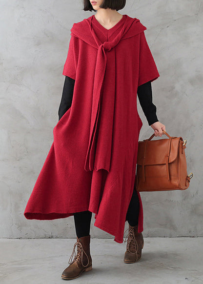 Red V Neck Side Open Cashmere Knit Holiday Sweater Dress Fall