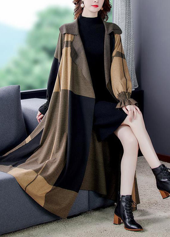 Khaki Peter Pan Collar Pockets Plaid Spandex Coat Outwear Long Sleeve