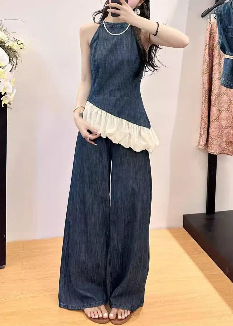 New Blue Pockets Patchwork Tops and Wide Leg Pants Denim Two Pieces Set Sleeveless