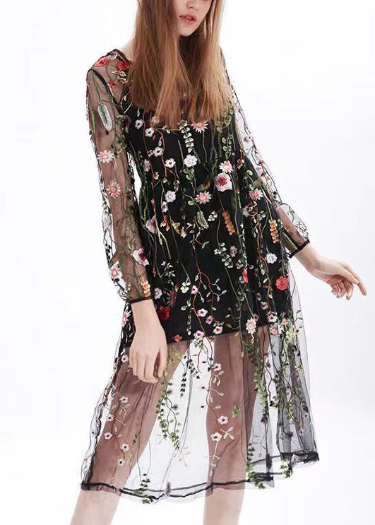 Black O-neck Embroidered Tulle Two Pieces Set Long Sleeve
