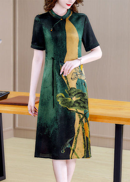 Blackish Green Stand Collar Print Silk Cheongsam Dress Short Sleeve