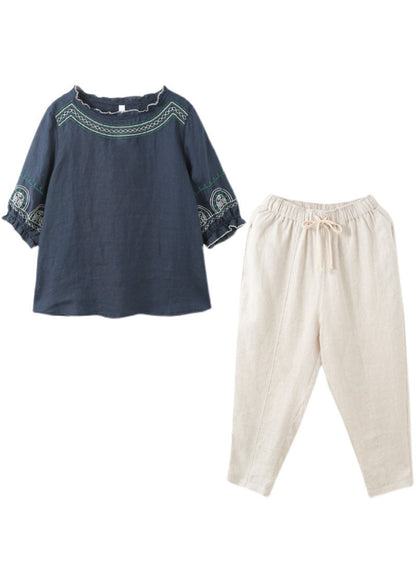 Navy Ruffled Embroideried Linen Tops and Crop Pants Two Piece Set Clothing Half Sleeve