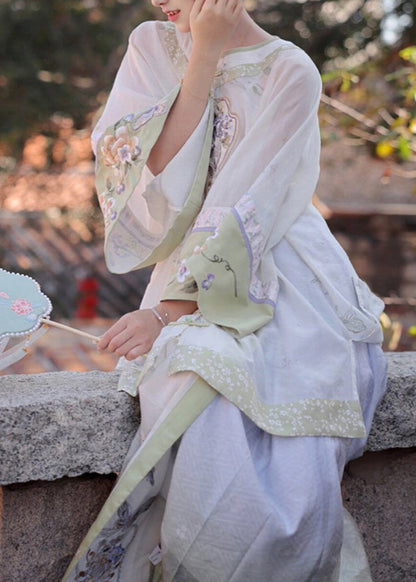White Embroidered Patchwork Shirts Wide Leg Pants and Two Pieces Set Spring