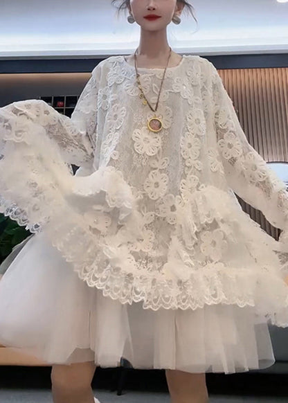 Style White O Neck Tulle Patchwork Lace Dresses Spring