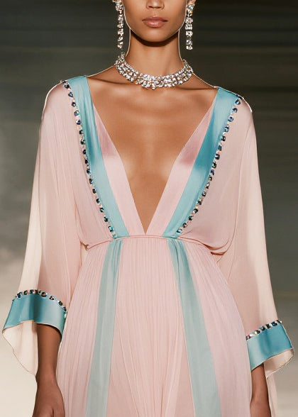 Pink Patchwork Side Open Chiffon Maxi Dress Summer