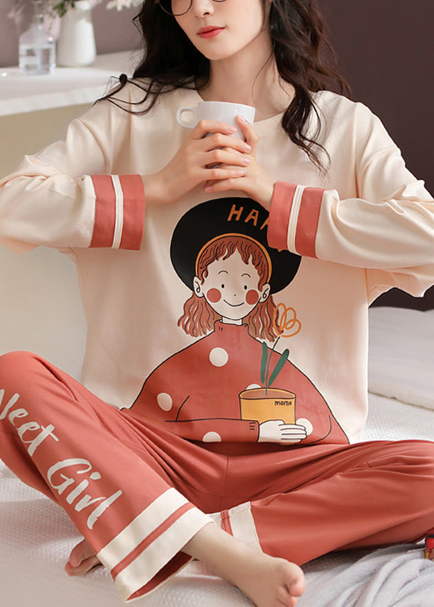 Beige Print T Ahirt and Orange Pants Cotton Pajamas Two Pieces Set Fall
