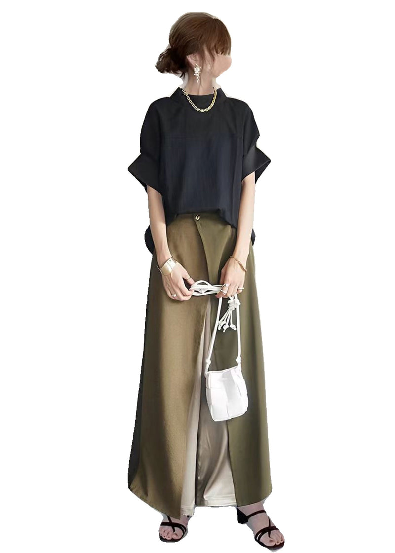 Diy Asymmetrical Patchwork Cotton Two Piece Set Outfits Batwing Sleeve