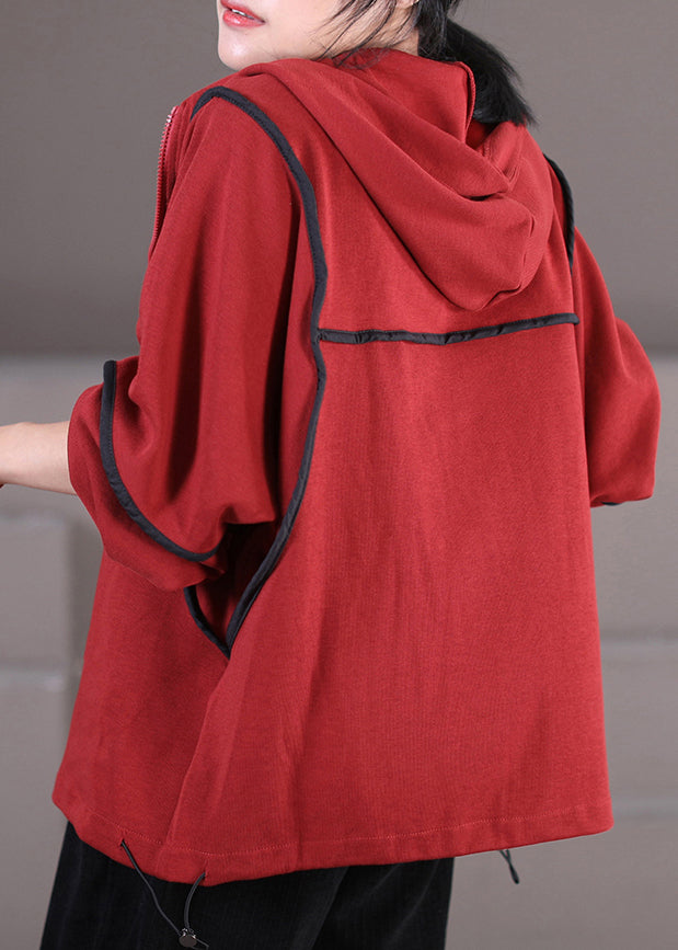 Mulberry Zippered Patchwork Drawstring Hooded Sweatshirt Fall