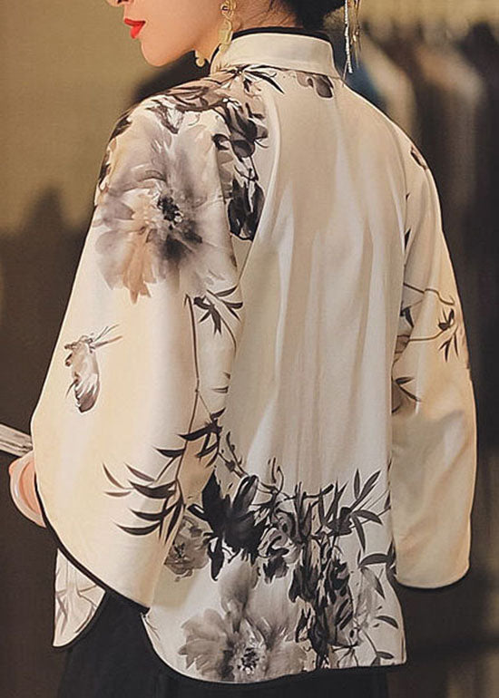Chinese Style White Stand Collar Button Print Silk Top Spring