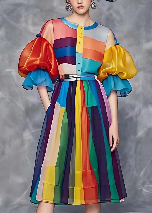 Rainbow Tie Waist Vacation Chiffon Long Dresses Summer