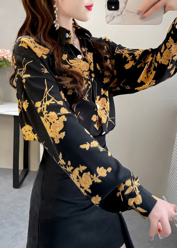 Black Peter Pan Collar Button Print Chiffon Shirt Tops Spring