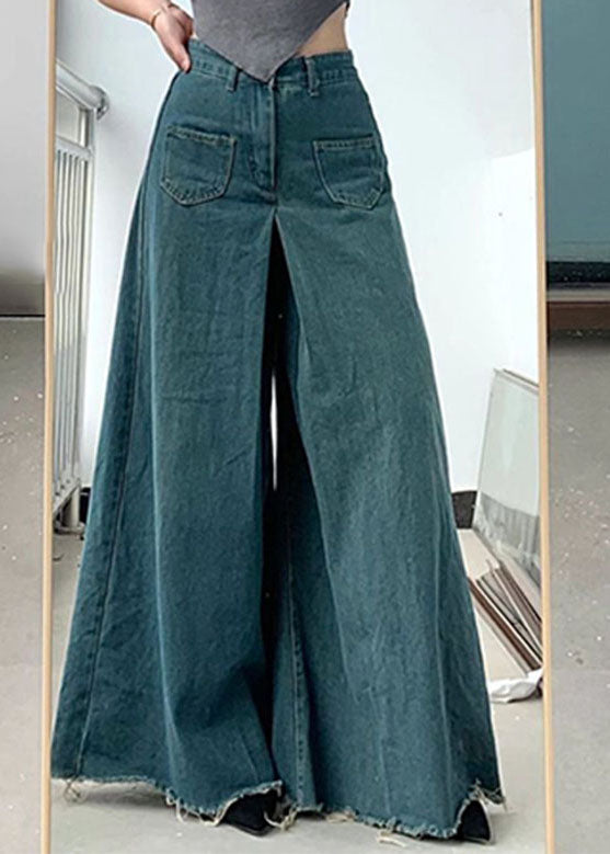Blue Pockets Draping Wide Leg Jeans Spring