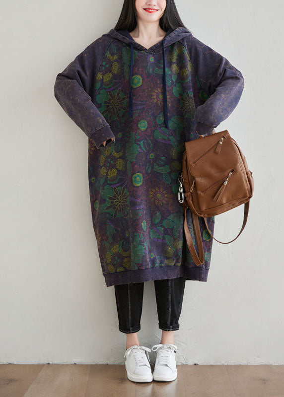 Diy Dark Blue Side Open Drawstring Hooded Loose Sweatshirt Dresses Spring
