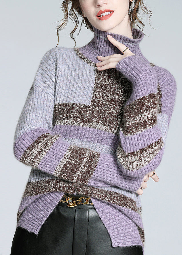 Brown Turtleneck Patchwork Cashmere Knit Sweaters Winter