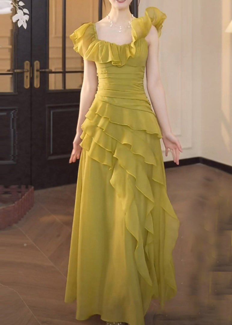 Green Square Collar Ruffled Patchwork Chiffon Dress Summer