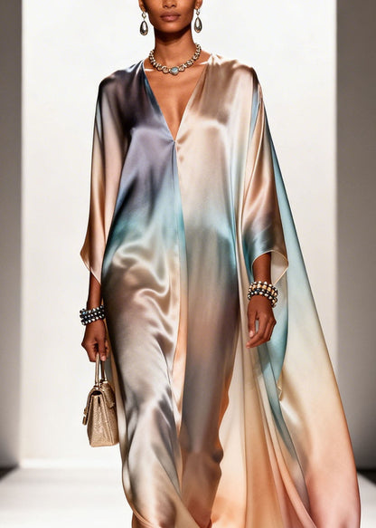 Gradient Color V Neck Chiffon Long Dress Spring