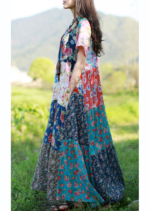 Original Design Stand Collar Print Patchwork Dress Short Sleeve