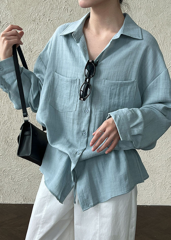 Sky Blue Oversized Cotton Top Drawstring Pockets Spring