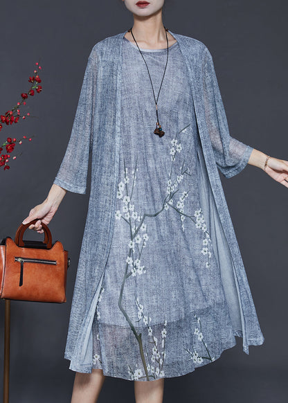 Grey Oversized Print Chiffon Two Pieces Set Summer
