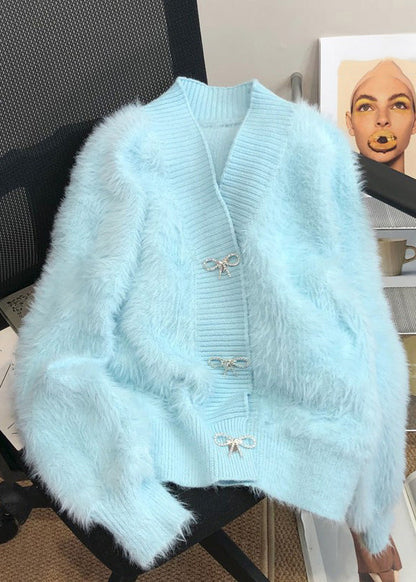 Pink V Neck Button Mink Hair Knitted Cardigan Spring