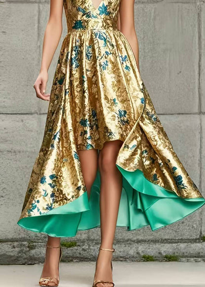 Golden Jacquard Cami Dresses Asymmetrical Exra Large Hem Summer