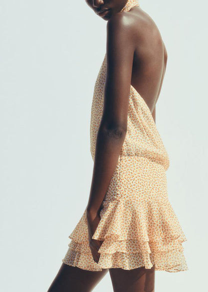 Yellow Backless Print Ruffled Chiffon Dresses Sleeveless