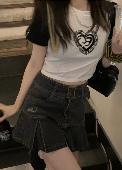 Black Grey High Waist Sashes Pockets Patchwork Cotton Denim Pleated Skirts Summer