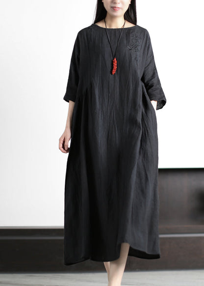 Grey O-neck Wrinkled Embroideried Linen Dress Half Sleeve