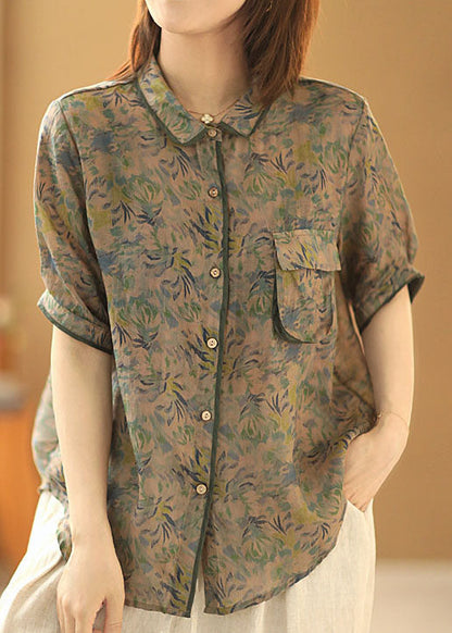 Green Peter Pan Collar Print Pocket Shirt Top Short Sleeve