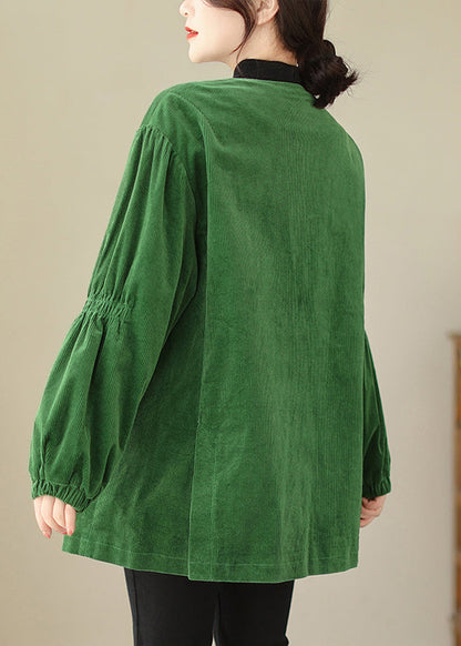Green V Neck Button Pockets Corduroy Coats Fall
