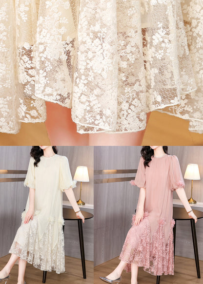 Beige Florallace Patchwork Long Dresses O-neck Summer