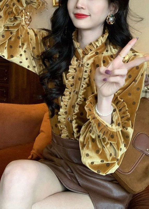 Ruffled Patchwork Dot Print Button Silk Velour Shirt Long Sleeve