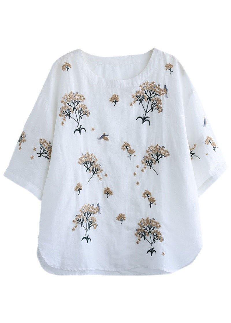 White O-neck Embroideried Summer Linen Tops Half Sleeve