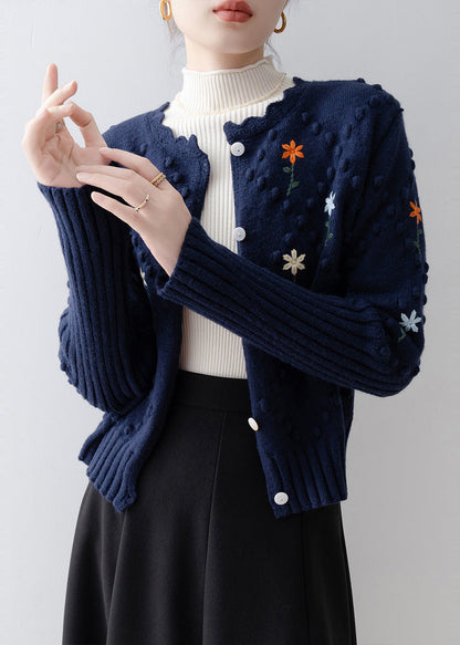 Navy Embroidered Fuzzy Ball Decorated Knit Jacket Winter