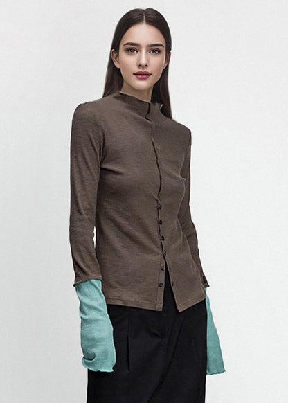 Brown Button Patchwork Cotton T Shirts Fall