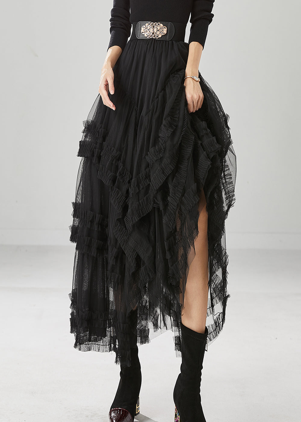 French Black Elastic Waist Ruffled Tulle a Line Skirt Fall