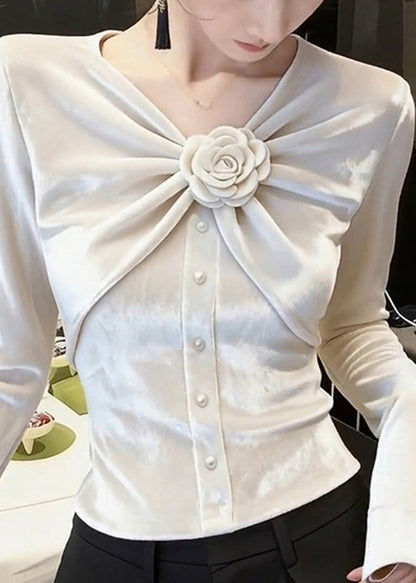 White V Neck Rose Wrinkled Silk Velour Tops Fall