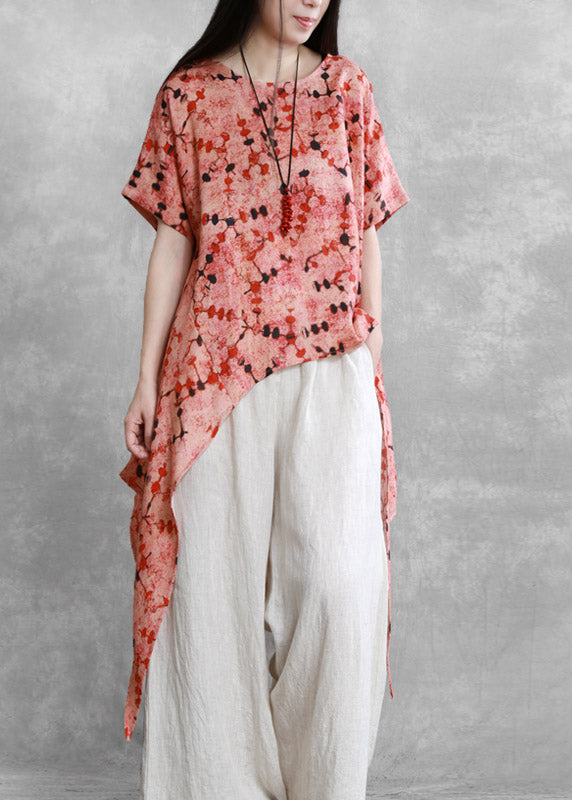 Retro Red O-neck Print Asymmetrical Tie Waist Linen Top Short Sleeve