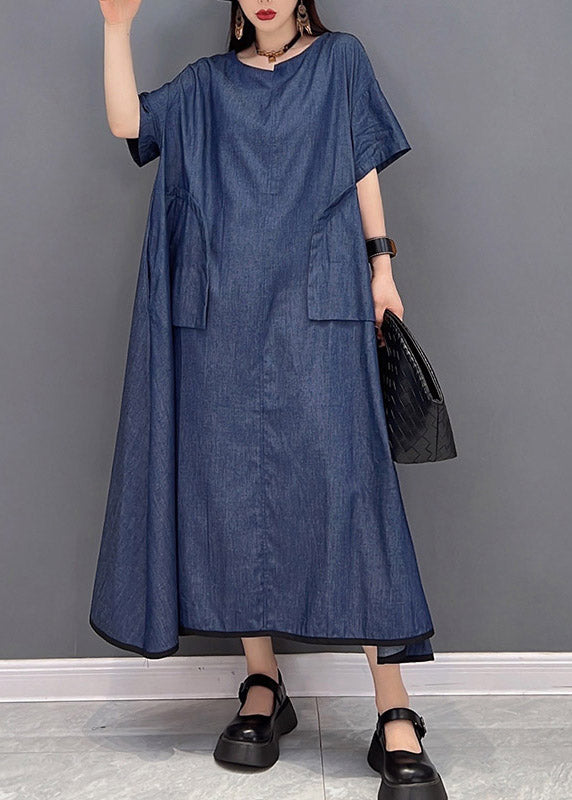 Denim Blue O-neck Pockets Long Dresses Short Sleeve