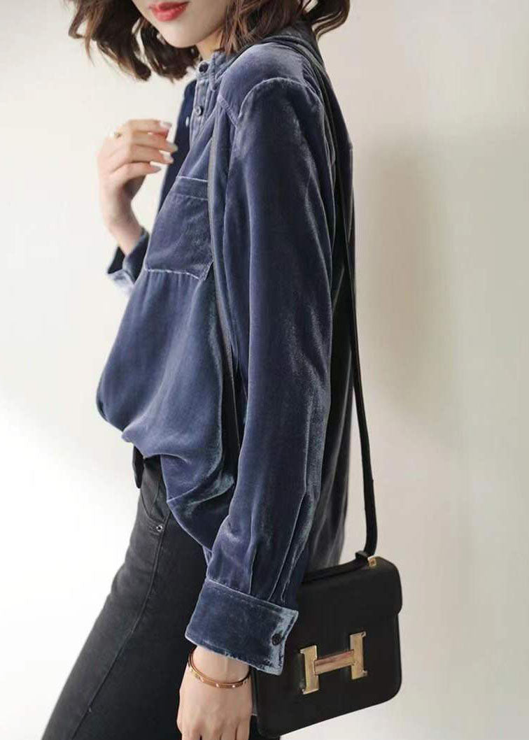 Blue Patchwork Silk Velour Shirt Tops Peter Pan Collar Long Sleeve
