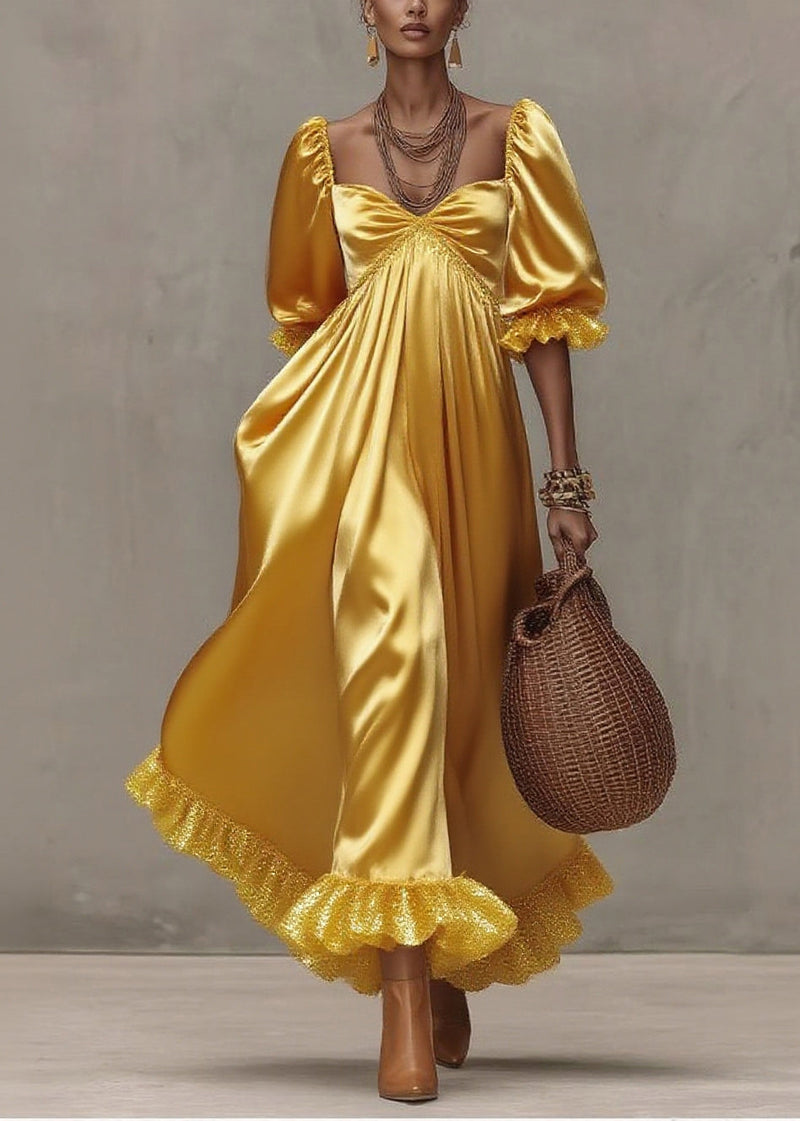 French Yellow Sequins Patchwork Exra Large Hem Silk Ankle Dress Summer