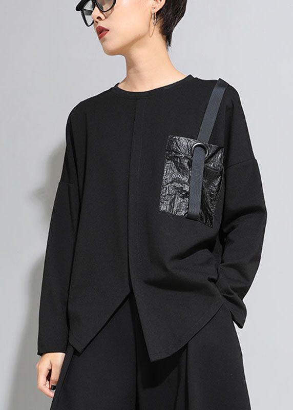 French Black O-neck Pockets Asymmetrical Fall Long Sleeve Tops