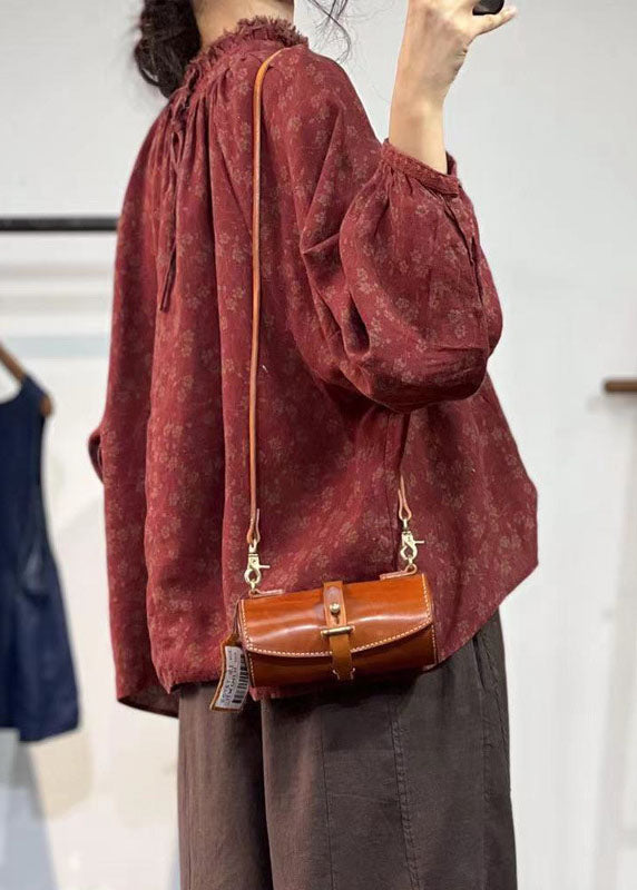 Red Stand Collar Print Linen Shirt Top Fall