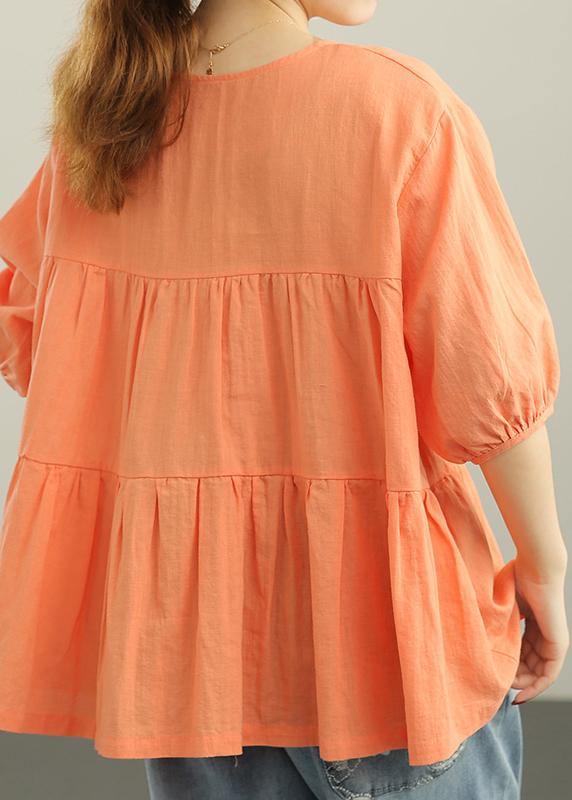 Orange Cinched Lantern Sleeve Linen Summer Blouses