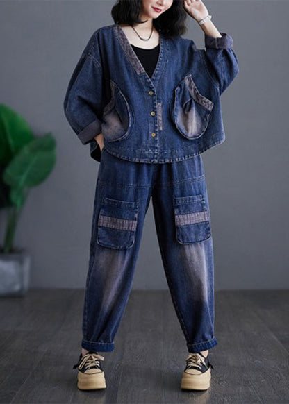 Navy V Neck Patchwork Denim Coats and Harem Pants Two Pieces Sets Long Sleeve