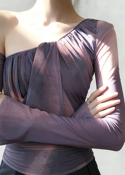 Purple One Shoulder Wrinkled Tulle Shirt Spring