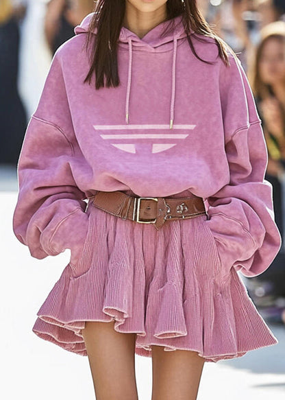 New Pink Hooded Sweatshirt and Skirts Cotton Two Pieces Set Fall