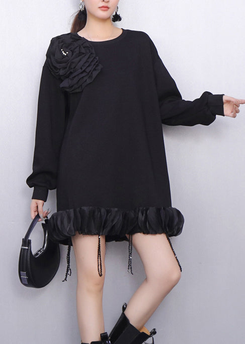 Black Tasseled Cotton Day Dress Spring