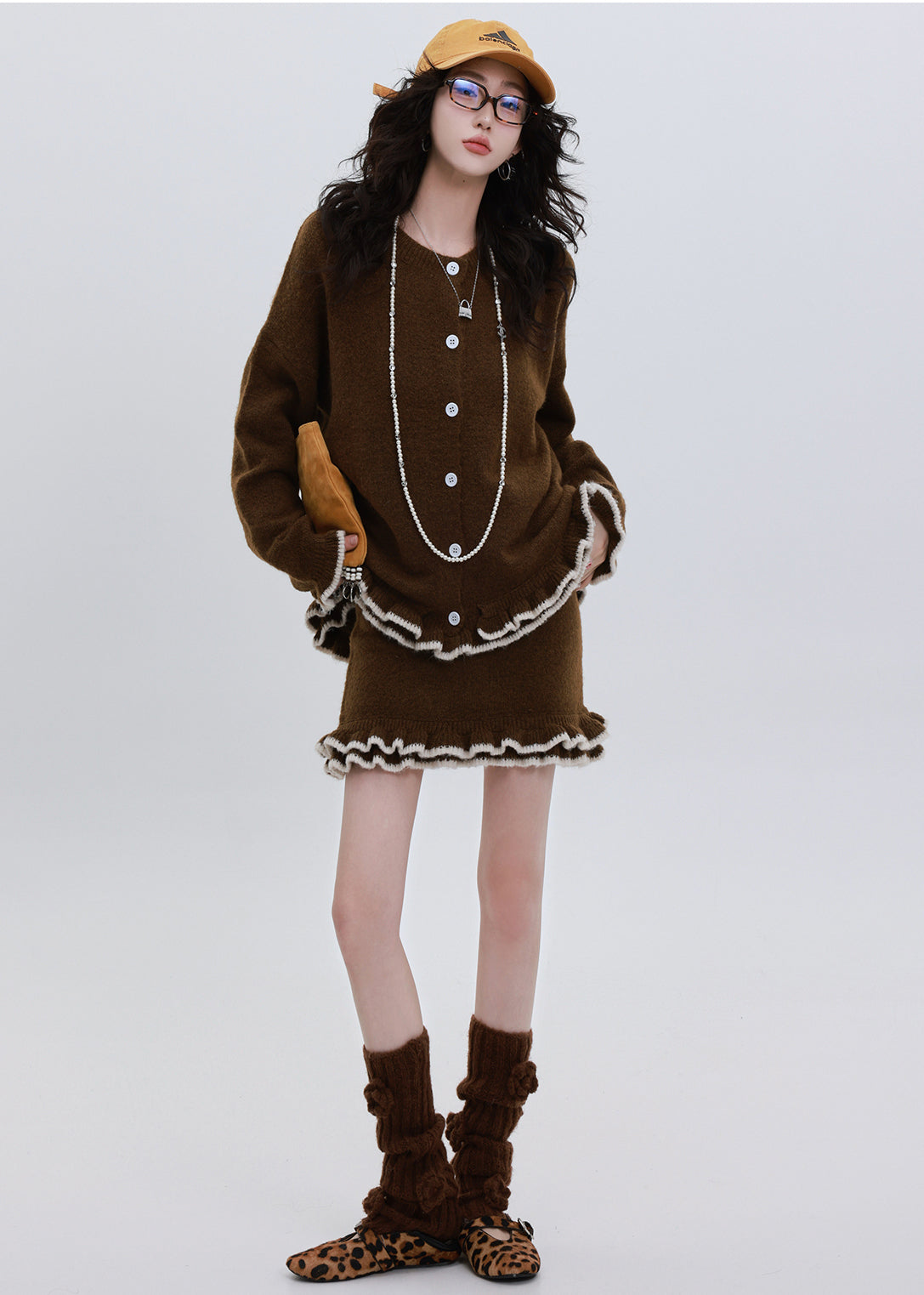 Chocolate Cozy Knit Cardigan and Skirt Two Pieces Set Ruffled Winter