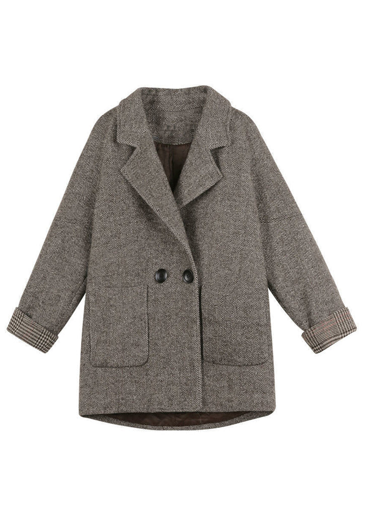Khaki Notched Pockets Woolen Coat Winter